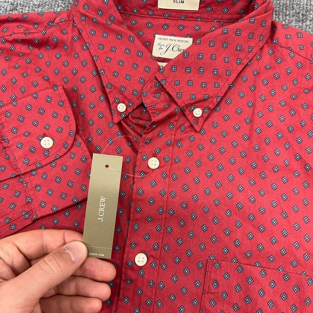 J.CREW Shirt Mens L Red Geometric 2‎ Ply 100% Cotton Slim Fit Button Up NEW $80